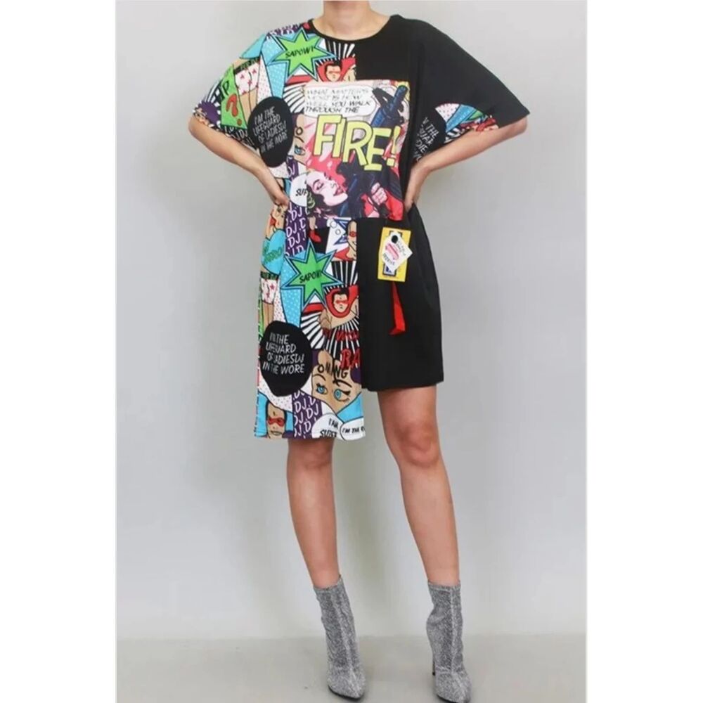 Comic Pop Art Graphic T Shirt Dress Small Colorblock Black Statement